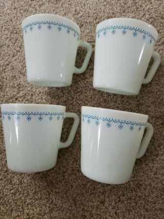 Pyrex Vintage Blue Snowflake Coffee Mugs D - Handle 1410.  Set Of 4.  (bin 10)