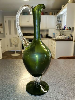 Vintage Mid Century Italian ? Art Glass Green Pitcher / Ewer Applied Handle