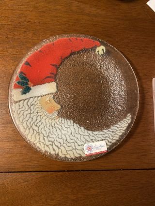 Peggy Karr Crescent Moon Santa Claus Face 8 " Fused Art Glass Plate Carr St.  Nick