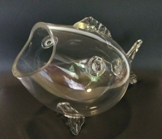 Vintage Mid Century Clear Glass Art Fish Vase Large Open Mouth Blenko Style