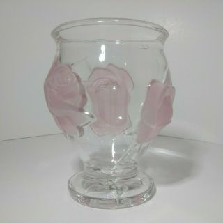 Teleflora Crystal Raised Pink Rose Frosted Heavy Vase Made In France 6 "
