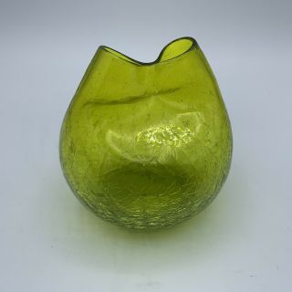 Vintage Blenko Crackle Glass Pinched Green Vase