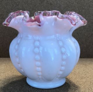 Vintage Fenton Beaded Melon 4” Vase - Silver Crest,  Pink And White
