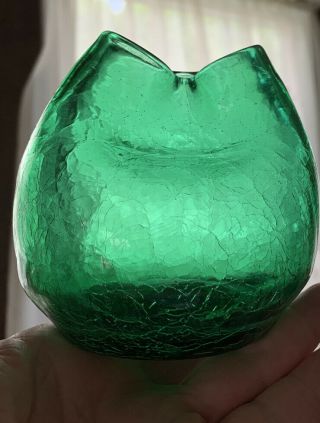 Vintage Blenko Crackle Glass Pinched Green Vase Gift Quality 3 3/4” Tall