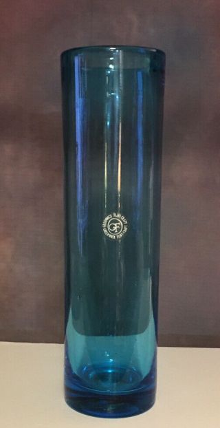 Greenwich Flint Craft Art Glass Vase 12 3/4” Tall Cylinder W/label Blue
