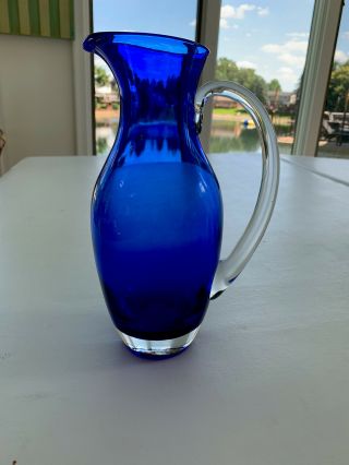 Vintage Hand Blown Cobalt Blue Glass Pitcher With Clear Handle 11 1/4” Tall