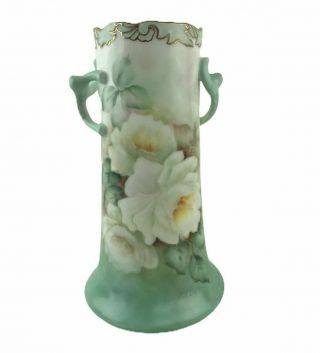 Antique Art Nouveau Hand Painted Porcelain Handled Vase Green White Floral