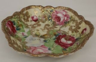 Antique Maple Leaf Nippon Hand Painted Small Nut/ Candy Dish / Bowl Gold Moriage