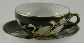 Hand Painted Nippon Black Cup Saucer Swans Lotus Flowers Gold Trim