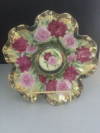 Vintage Handpainted Nippon Candy Dish Bowl With Pink Burgundy Roses & Gold Trim