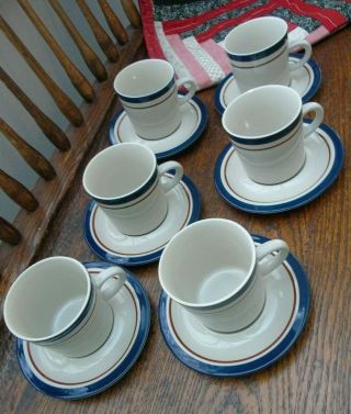 Set Of 6 Sango Carousel Cups And Saucers Coffee Tea Blue & Brown Stoneware Japan