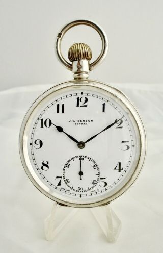 Solid Silver Antique Open Face J W Benson Pocket Watch London 1936