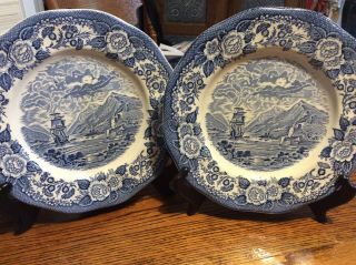 2 Vintage Royal Warwick Lochs Of Scotland Ship 10 " Dinner Plates Blue & White