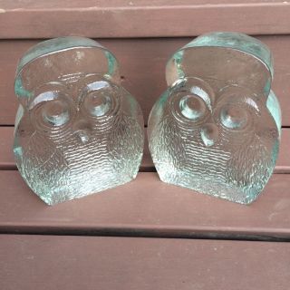 Blenko Heavy Glass Owl Bookends / Mid Century / Pair