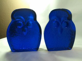 Stunning Pair Vintage,  Old Mcm Blenko Art Glass Heavy Owl Bookends,  Sculptures