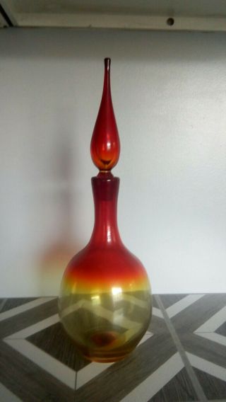 Vintage Amberina Tangerine Blenko Glass Decanter Art Bottle Vase 17”