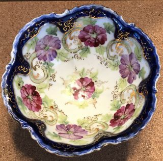 Vintage Unmarked Nippon Footed Nut Bowl Porcelain China Blue Floral Japan