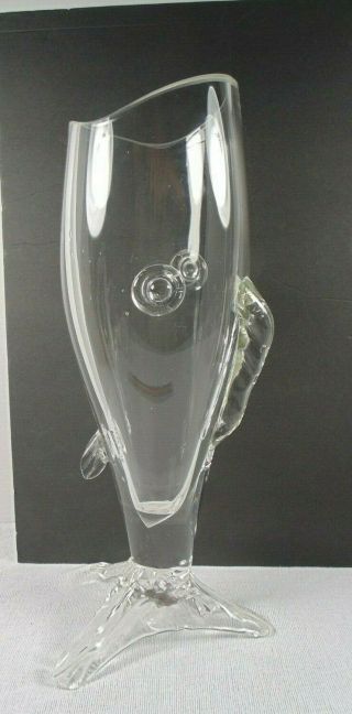 Large Open Mouth Vintage 16 " Clear Glass Fish Art Glass Vase Mid Century Blenko?