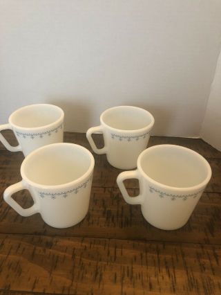 Set Of 4 Vintage Pyrex Blue Snowflake Coffee Mugs.  No.  1410