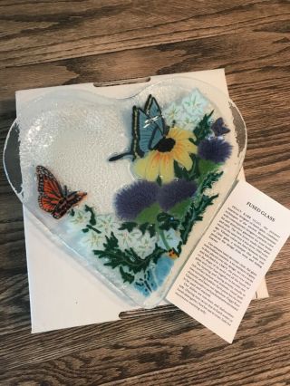 Peggy Carr Signed Fused Art Glass Heart Shaped Plate Butterflies Garden