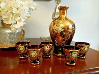 Vintage Hand Painted Venetian Amethyst Glass Decanter With 5 Shot Glasses Made I