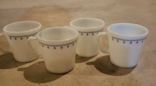 Set Of 4 Vintage Pyrex Milk Glass Blue Snowflake Garland Mugs Coffee Cups
