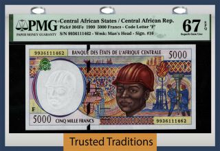 Tt Pk 304fe 1999 Central African States 5000 Francs Pmg 67 Epq Gem Unc