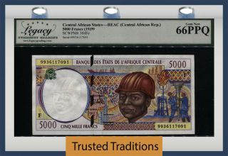 Tt Pk 304fe 1999 Central African States Banque 5000 Francs Lcg 66 Ppq Gem