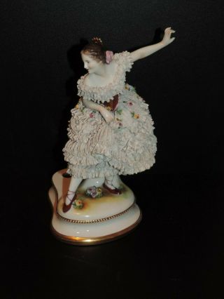 Lovely Antique Dresden German Porcelain Lace Ballerina Figurine Lamp Base