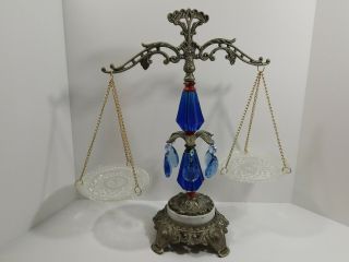Antique Vintage Brass & Glass Crystal Balance Of Justice Scales For Lawyer Decor