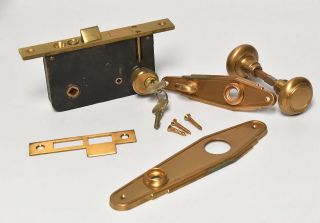 Vintage Brass Deco Style Nos Russwin Mortise Lock Keys Door Plate Knob Set