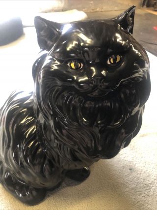 Vintage Large 14 " Mid Century Ceramic Black Persian Cat Kitty Statue Yellow Eyes