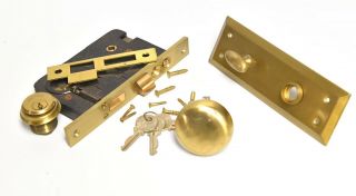 Vintage Brass Nos Reading Mortise Lock Keys Door Plate Knob Set Orignal Box