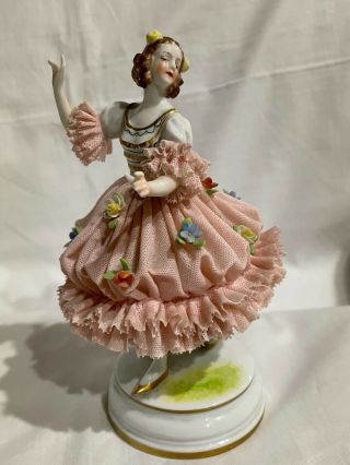 Antique Dresden Lace Volkstedt Porcelain Figurine Pink Dresses With Floral