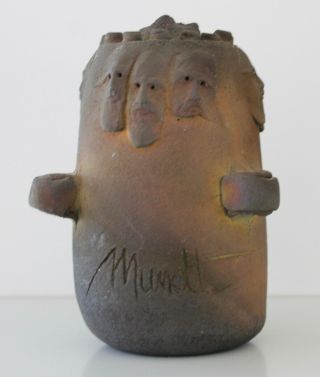 Vintage Phil Mundt Raku Art Studio Pottery Vase Many Faces