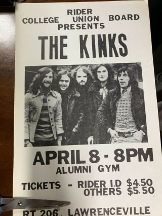 Vintage The Kinks Concert Poster 1973 Rider College W/ Aerosmith