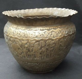 Antique Indian Repoussé Brass Planter,  Jardiniere Depicts Hunting & Worship
