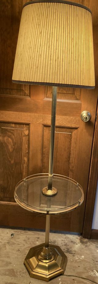 Vintage Brass Stiffel 57” Table Floor Lamp With Glass Table