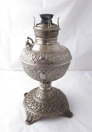 Vintage Non Explosive Nickel Ornate Scroll B&h Cast Iron Base Kerosene Lamp