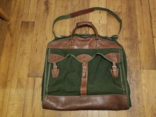 Vintage Orvis Garment Bag Green Canvas Brown Leather Folding Luggage