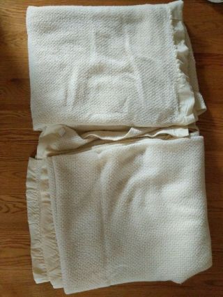 Set Of 2 Vintage Waffle Knit Acrylic Satin Trim Blankets Ivory Cream Twin 1980s