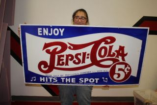 Large Pepsi Cola 5c Double Dot Soda Pop Gas Oil 2 Sided 48 " Porcelain Metal Sign