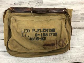 Vintage Ww2 Army Leather Canvas Luggage Garment Bag Suit Case Garment