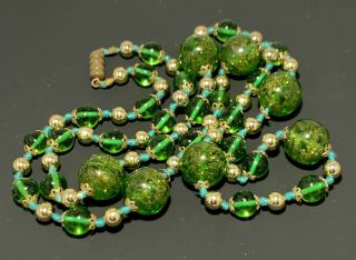 Antique Czech Venetian Green Gold Foil Dust Glass Bead Necklace