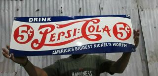 Porcelain Pepsi Cola 5c Enamel Sign Size 30 " X 10 " Inches