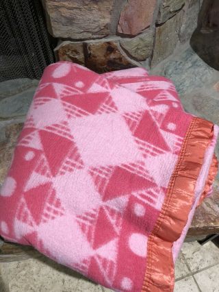 Vintage Satin Trim Blanket Pink Floral Geometric 70s Design,  97” By 72 Twin Full