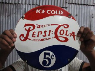 Porcelain Pepsi Cola 5c Enamel Sign Size 12 " Inch Round