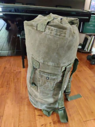 Vintage Army Duffle Bag Heavy Canvas Green Military Top Load Clasp Back Pack