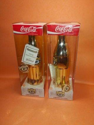 1994 Le Coca Cola Gold Plated Green Bay Packers Sb Xxxi Comm Bottle With Pin