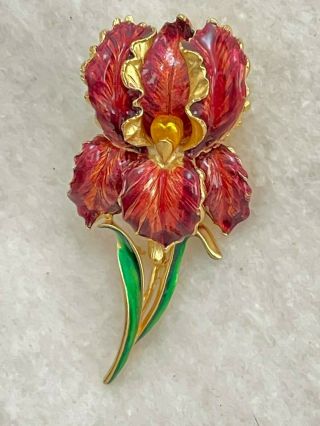 Iris Enamal Brooch,  Red Yellow And Gold Tones Hand Painted,  Looks Realistic